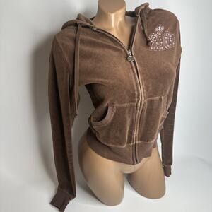 T Party Brown Velour Rhinestone Crown Hoodie Medium Y2K Juicy McBling Zip Jacket